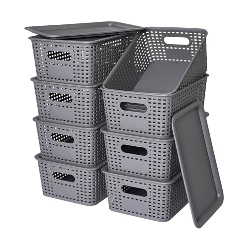 Ohmlove 8 Pack Plastic Storage Baskets with Lids for Organization - color: Gray