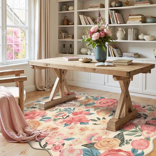 PureCozy Washable Floral Area Rug 3x5 Beige Small Entryway Doormat - color: Scalloped Beige, size: 3' x 5' (Rectangular)