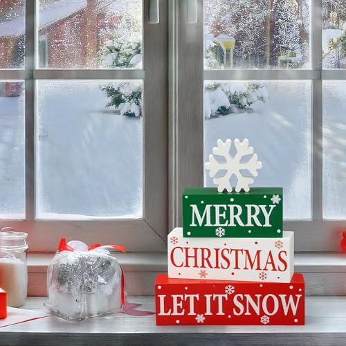 4 Pcs Merry Christmas Wooden Tabletop Decor Let It Snow Table Centerpiece Snowflake Table Sign Xmas Tiered Tray Decor Red Green Wood Block for Xmas Holiday Home Office Kitchen Desk Shelf Decors