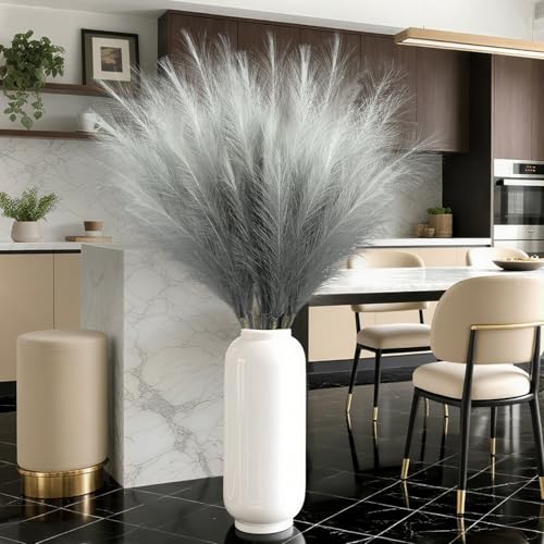 8 Pcs 35.4" Grey Gradient Faux Pampas Grass, Tall Pampas Grass Vase Filler - color: Grey, size: 35.4inch-8Pcs