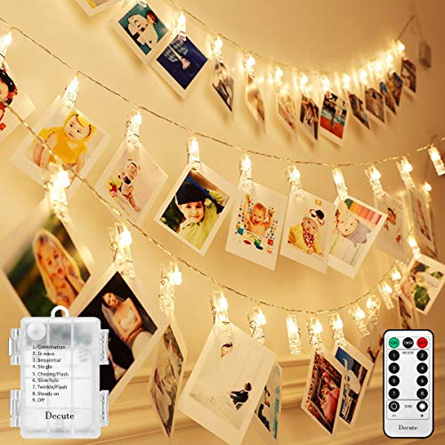 Decute 50LED Photo Clips String Lights Holder Timer Function 8 Modes Dimmable with Remote, 17FT Fairy Starry Lights for Christmas Card Bedroom Wedding Party Hanging Photos Pictures Memos, Warm White - color: Warm White 02