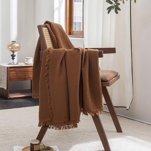 FOSSA Muslin Blanket 4-Layer 100% Cotton Gauze Blanket with Fringe 66"x90" - color: Dark Orange, size: Twin XL (66" × 90")