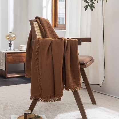 FOSSA Muslin Blanket 4-Layer 100% Cotton Gauze Blanket with Fringe 108"x98" - color: Dark Orange, size: Super King(108" × 98")