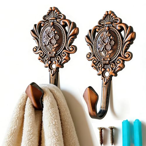 2Pc Curtain Tiebacks Hooks Vintage Red Copper Rose Pattern Carved Wall Hook - color: Red Copper