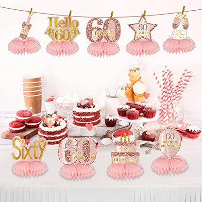 Turypaty Happy 60th Birthday Honeycomb Table Centerpieces Decorations Women - style: Pink Rose Gold 60th