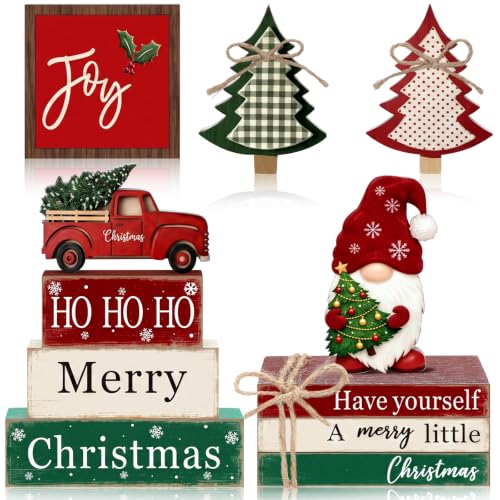 11 Pcs Christmas Table Decorations Set Christmas Wooden Sign Tiered Tray Decoration Xmas Table Centerpiece Block Stack Signs Farmhouse Rustic for Coffee Fireplace Mantel Shelf Kitchen - style: Farmhouse Christmas