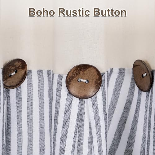 ASPMIZ Cotton Linen Farmhouse Curtains Boho Rustic Button Drapes, Linen Window Curtain Panels, Blue Stripe Country Curtain for Living Room, Modern Back Tab Blackout Curtains 52 x 84 Inch, 2 Panels - color: Beige&blue, size: 52"W x 84"L (Pack of 2)