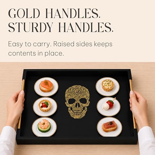 Gothic Skull Serving Tray, Black Gloss, Gold Handles by Death Decor - style: SKULL
