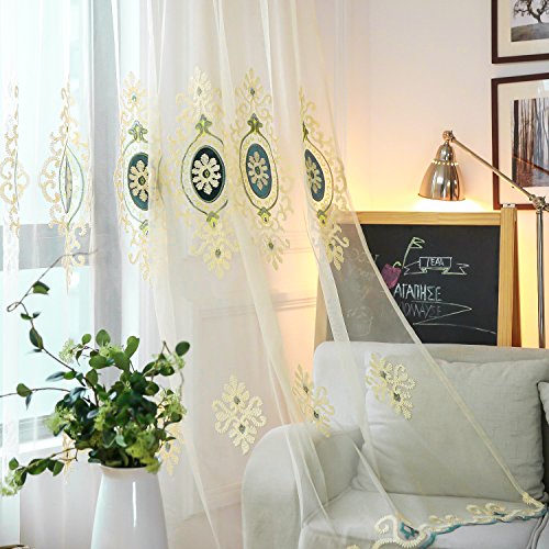 VOGOL Blue Simple Chenille Jacquard Sheer Window Elegance Curtains/Drapes/Panels/Treatments for Bedroom Living Room,Top Grommets, Two Panels, W54 x L96 inch - color: Blue-sheer, size: 54"W x 96"L (Pack of 2)