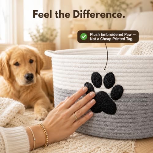Dog Toy Basket with Handles, Grey Cotton Rope Storage Bin Organizer - color: Grey/White