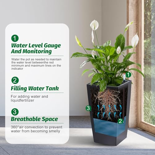 Garvee 22" Self-Watering Tall Planter with Water Level Indicator, Set of 2 - color: Black