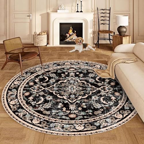 Vhong Boho Area Rugs Vintage Washable Modern Neutral Carpet Black and Brown 9×9 High Traffic Round Rugs for Dinning Room Living Room Bedroom Farmhouse Non Slip - color: Black/Brown, size: 9' (Round)