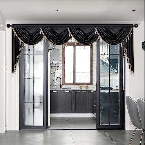 ELKCA Luxury Black Velvet Curtain Valances for Living Room with Beads(110inch,1 Panel) - color: Black, size: 110"W x 43"L (Pack of 1)