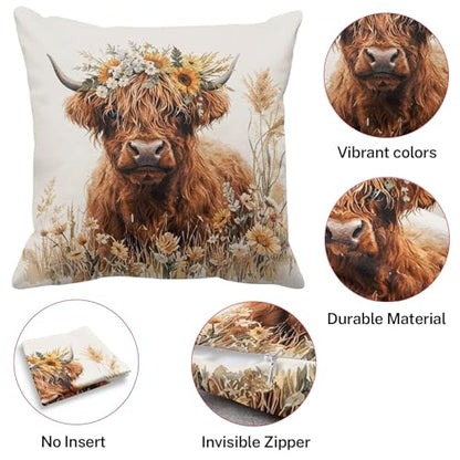 Throw Pillow Covers, Highland Rustic, Set of 4, 18"x18" - color: Highland Cow 2