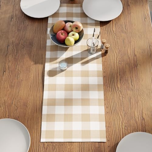 Encasa XO Table Runner, Woven Cotton Dining Linens 13"x36" Beige - color: Buffalo Beige Checks, size: 13x36 in