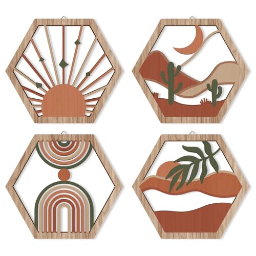 HPNIUB 4 Pcs Boho Wall Art Decor, Bohemian Geometric Hanging Wood Sign for Living Room, Aesthetic Abstract Desert Cactus, Minimalist Farmhouse Botanical Wooden Plaque for Apartment Bedroom(11''x9.8'') - color: Boho geometric