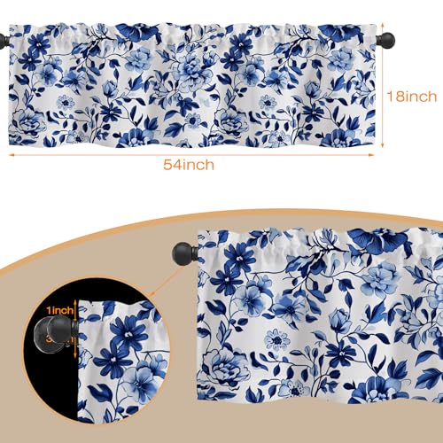Navy Watercolor Flowers Semi Sheer Valance for Windows - Rod Pocket Short Window Treatment, Light Filtering Decor for Kitchen, Living Room, Bedroom - 54"x18" - color: Navy Watercolor Flowers, size: 18"W x 54"L (Pack of 1)