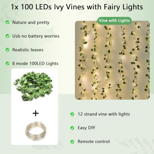 Fake Vines with Fairy Lights 12PCS 86FT Artificial Ivy Garland with Lights 8 Modes Remote Hanging Plants Faux Greenery Leaves for Bedroom wall Art Aesthetic Office Wedding Party Home Garden Decor