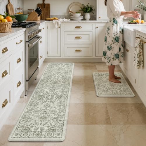 KIMODE Anti Fatigue Mats for Kitchen Floor Cushioned Kitchen Rugs Sets of 2 - color: Sage Green, size: 20"x71"+20"x32"--0.47 inches