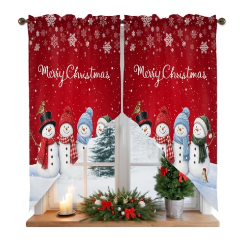 Red Christmas Swag Valances Kitchen Curtains 36 Inches Length, Winter Snowman Snowy Tier Drapes Swag Topper, Farmhouse Xmas Snowflakes Short Window Treatments for Small Windows Cafe 2 Panels 28"x36" - color: Red White Blue Black, size: 28"W x 36"L (Pack o
