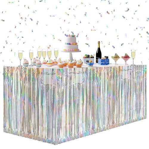2 Pack Laser Silver Table Skirts, 29x108" Metallic Foil Tinsel Fringe Table Skirts for Rectangle Tables Streamer Curtains Backdrop, Party Decorations for Birthdays Weddings Holidays - color: Laser Silver