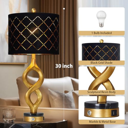 Cinyirong 30" Black and Gold Table Lamp for Living Room, Modern Touch Control Bedside Lamp for Bedroom, 3-Way Dimmable Sculptural Resin Nightstand Lamp with USB A+C Ports and 1 LED Bulb (1 Pack) - color: Black & Gold (1 Pack)