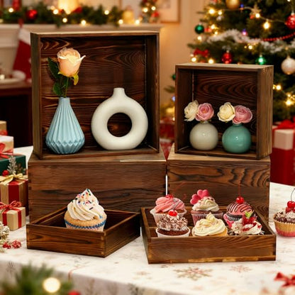 6 Pack Buffet Risers and Stands, Dessert Table Display Set with Mini Signs - color: Brown, size: 6 Pcs