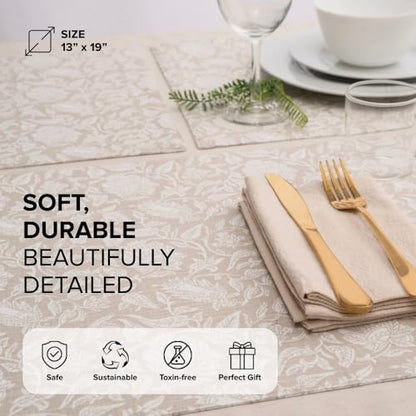 Cotton Placemats Set of 6-13x19 Inch, Reversible Floral Printed Placemats, Durable & Elegant for Dining Table, Wedding, Restaurant, Oeko-TEX Certified - Beige - color: Floral Printed Beige - Reversible Printed