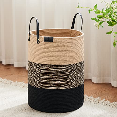 VIPOSCO 58L Tall Woven Rope Laundry Hamper, Leather Handles, Brown & Black - color: Brown & Black, size: 58L