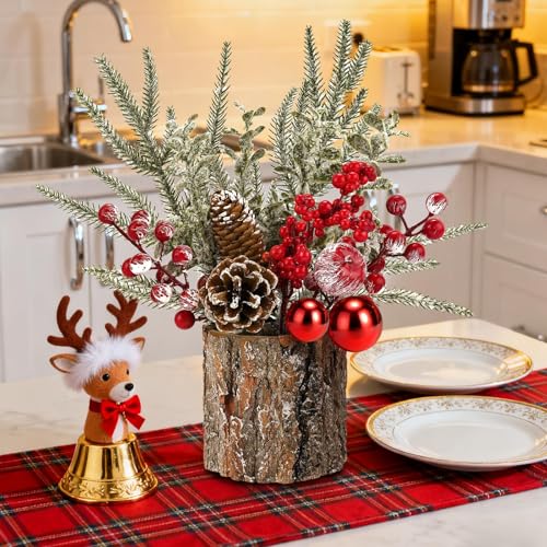 Small Christmas Table Centerpiece with Pinecones & Red Berries, Rustic Farmhouse Christmas Centerpieces for Coffee Bar, Mantel, Kitchen Island,Window Sill & Entryway Table Holiday Decor (1pcs