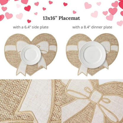 Feuille Valentines Placemat Set of 4,Farmhouse Burlap Heart Bow Valentines Day & Anniversary Placemat Rustic Table Decor for Dining Table - style: Heart Bow