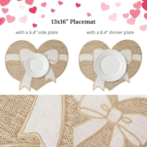 Feuille Valentines Placemat Set of 4,Farmhouse Burlap Heart Bow Valentines Day & Anniversary Placemat Rustic Table Decor for Dining Table - style: Heart Bow