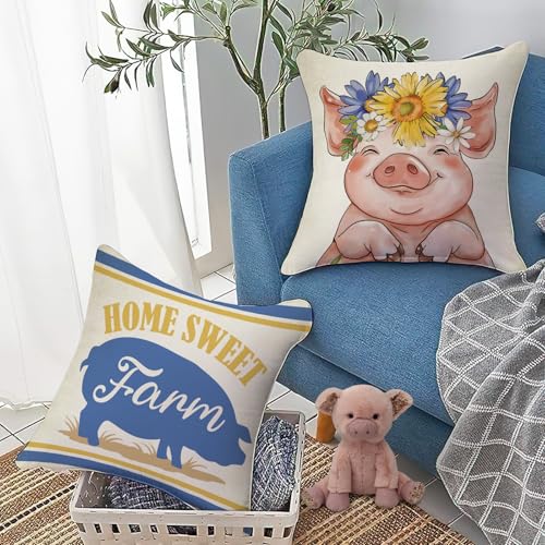 Fahrendom Farm Animals Decorative Throw Pillow Covers 18 x 18 Set of 4 - color: Pig Cow