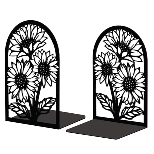 Peacoblue 5.3"x4.3"x7.9" Metal Bookends, Heavy Duty Book Ends for Shelves - style: Sunflowers