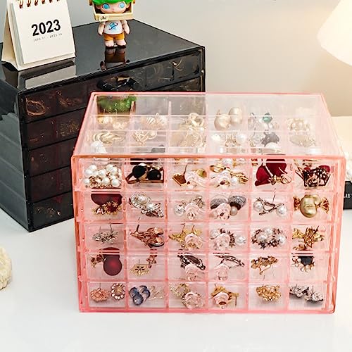YUFONG Earring Storage Box Organizer 5 Drawers with 120 Small Compartments - color: Clear Pink