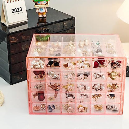 YUFONG Earring Storage Box Organizer 5 Drawers with 120 Small Compartments - color: Clear Pink