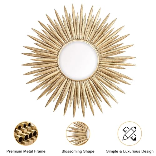 homary Sunburst Wall Mirror, 33.7" Gold Accent Mirror with Embossed Metal Frame for Living Room, Entryway, or Bedroom Decor (1, Style-A)