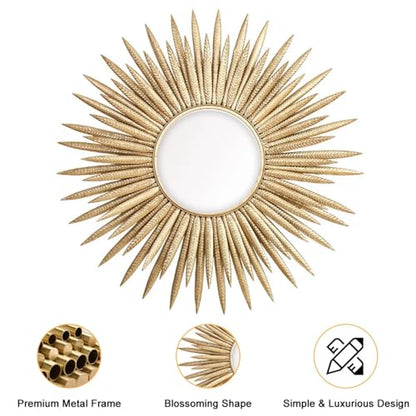 homary Sunburst Wall Mirror, 33.7" Gold Accent Mirror with Embossed Metal Frame for Living Room, Entryway, or Bedroom Decor (1, Style-A)