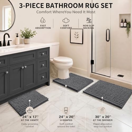 Yimobra Bathroom Rug Set 3 Piece, Super Absorbent Bath Mat Set, Dark Gray - color: Dark Gray, size: 24"x17" + 24"x20" + 30"x20"
