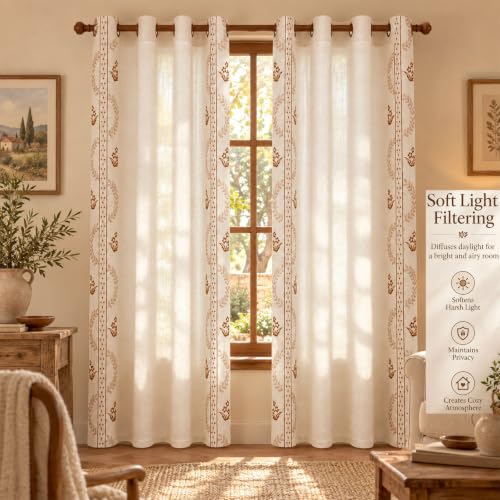 Beige linen blend brown embroidery FloralGrommet Curtains, 55“X95",2 Panels - color: Brown, size: 55"W x 95"L (Pack of 2)