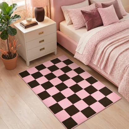 GarveeHome Checkered Brown Pink 2x3 Washable Rug Low-Pile Room Door Mat - color: Brown Pink, size: 2' x 3' (Rectangular)