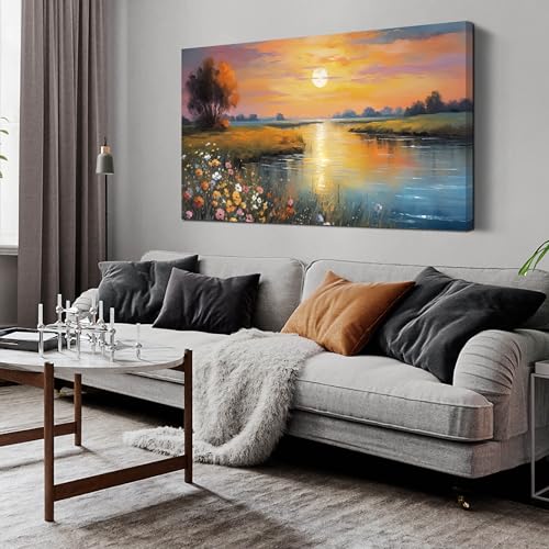 Orange Yellow Sunset Lake Landscape Canvas Wall Art with Vibrant Colorful Wildflowers & Distant Mountain, Serene Nature Scene Picture Print Painting Artwork for Living Room Bedroom Decor 48x24 Inches - size: 48"L x 24"W