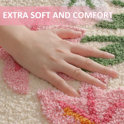 Cloud-Shaped Lily Bath Mat, Soft Non-Slip Fluffy Fresh Flowers Bathroom Rug, Ultra Absorbent Microfiber Shaggy Door Mat, Machine Washable Bath Rug Carpet for Bathtub Bedroom 18x39 Inch (Pink Lily S) - color: Pink Lily S