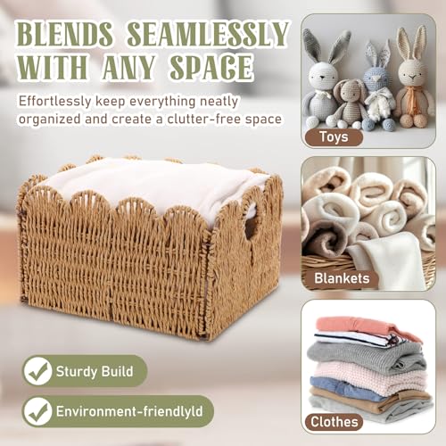 Leinuosen 4 Packs Scalloped Wicker Storage Basket Paper Rope Pantry Baskets for Shelves Organizing Toilet Paper Foldable Rattan Cube Storage Bins Boho Organizer Bins for Home, 13 x 11 x 7.9 Inches