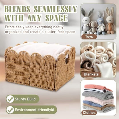 Leinuosen 4 Packs Scalloped Wicker Storage Basket Paper Rope Pantry Baskets for Shelves Organizing Toilet Paper Foldable Rattan Cube Storage Bins Boho Organizer Bins for Home, 13 x 11 x 7.9 Inches