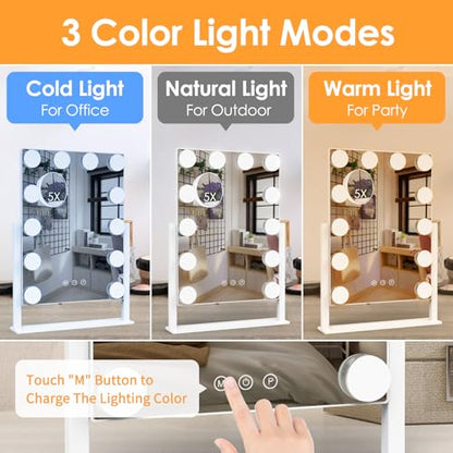 Dirket Vanity Mirror with Lights, Hollywood Lighted Makeup Mirror with 3 Color Lighting Modes and 12 Dimmable Bulbs, Detachable 5X Magnification, Smart Touch Control, 360°Rotation, White - color: 12 Bulbs