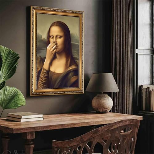 Funny Mona Lisa Bathroom Wall Art Vintage Gold Framed Parody Decor - color: Monalisa Nose, size: 24"L x 16"W