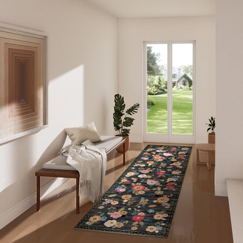 Washable Kitchen Rugs Non Slip: 2x6 Hallway Runner Rug Soft Carpet Runners - color: Black Floral, size: 2' x 6' (Rectangular)