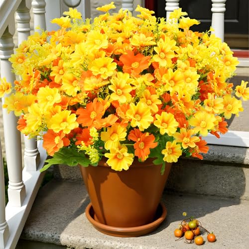 Uieke Artificial Fake Flowers for Outdoor, 6 Bundle Daisy Mums Flowers - color: Yellow,orange, size: 6