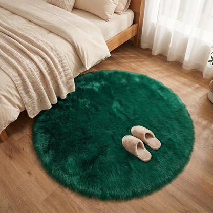Emerald Green Faux Fur Sheepskin Round Rug 4x4 ft, Fluffy Shag Circle Rug - color: Emerald Green, size: 4' x 4' (Round)